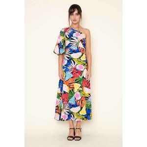 NEW FORE COLLECTION one shoulder maxi dress in black multi